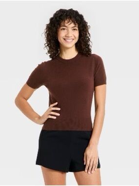 A New Day Dark Brown Short Sleeve Cozy Knit Sweater Top